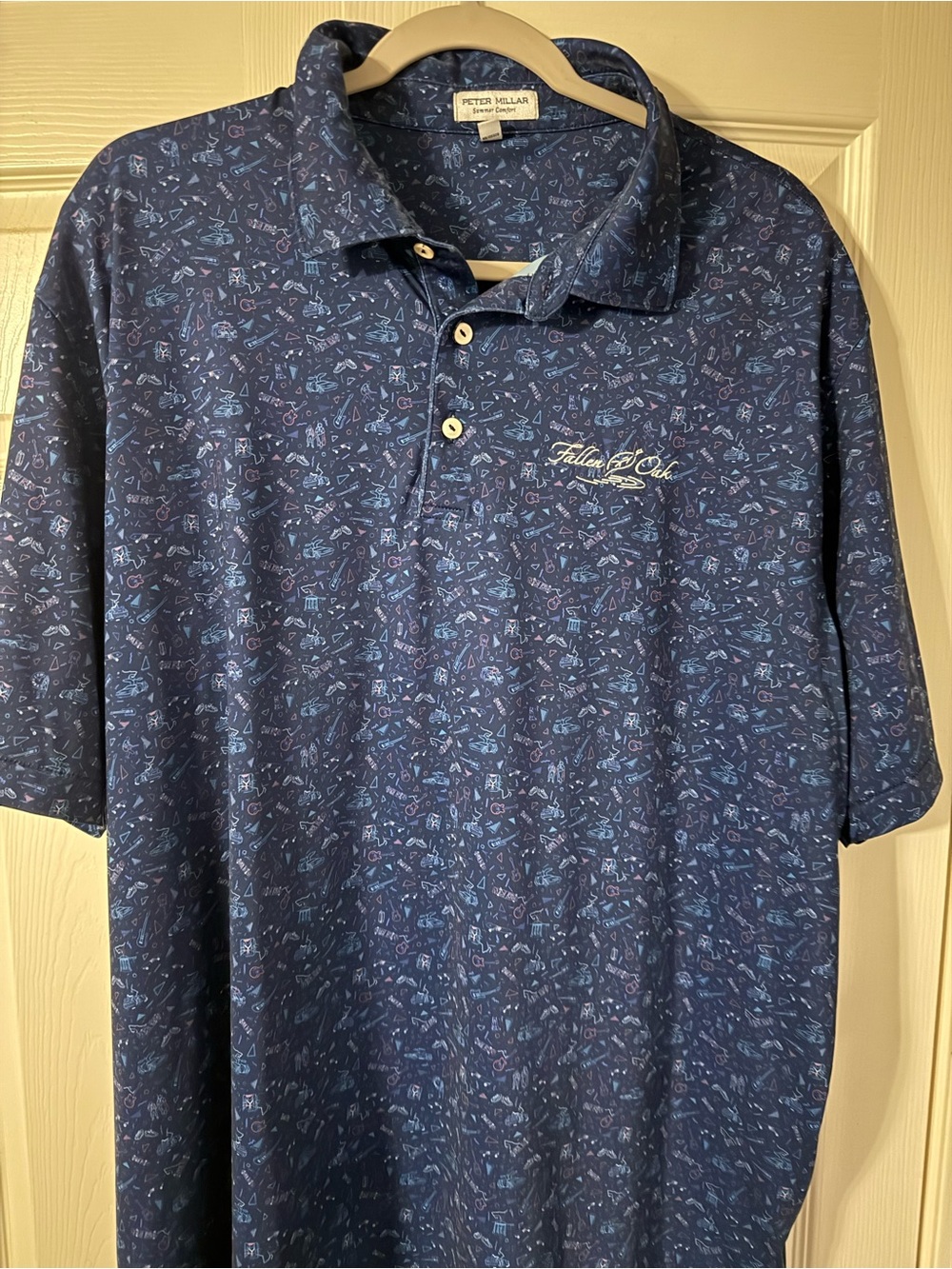 Peter Millar Navy Patterned Short-Sleeve Polo with Light Blue Accents